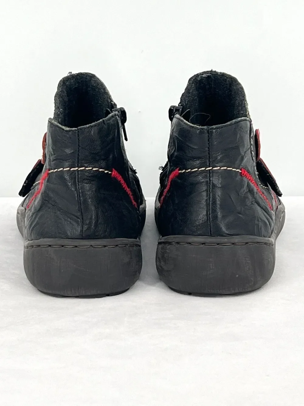 Rieker Simona 94 Black Leather Red Buttons Wool Lined Ankle Boots EU 39 US 8.5